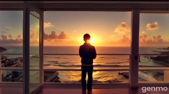 Persona mirando el Sol desde un edificio altísimo donde se ven el mar la costa y el océano