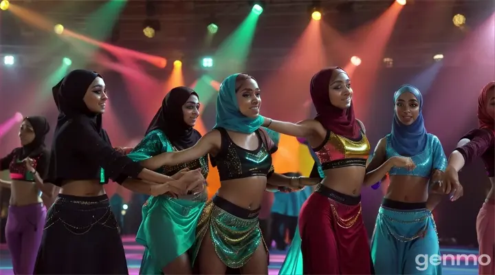 4K, 16:9. Steadicam shot pans across a diverse crowd in a modern event hall, neon lights pulsing overhead. Focus lands on four young Muslim women in hijabs, each a different color and style. They dance with joy and confidence, a mix of contemporary moves and traditional Arabic flourishes. Sweat beads on their foreheads as the crowd cheers, some filming on phones.