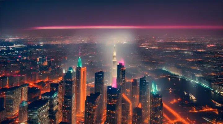 Aerial shots of a beautiful high-rise skyline at night, glowing with neon lights and beckoning the camera upward as a whispered voice describes the city's dreams