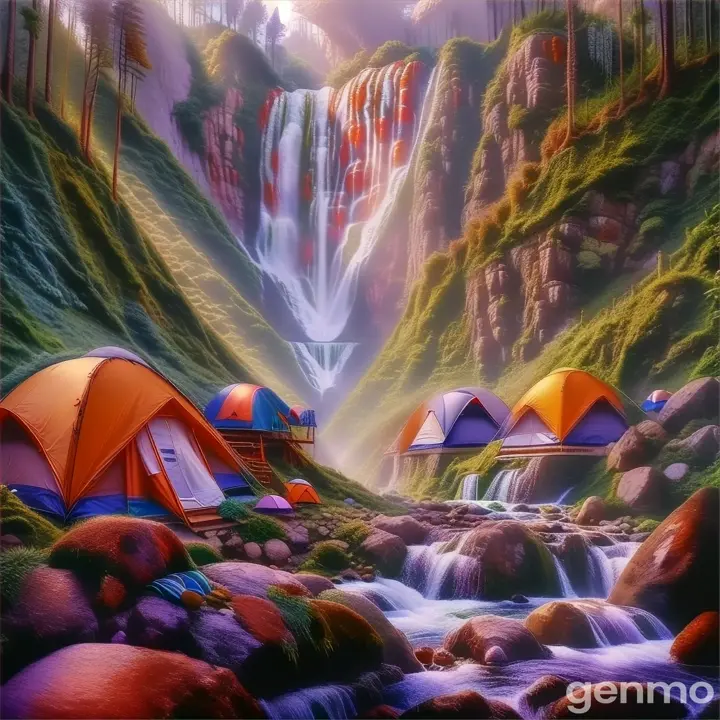 a painting of a waterfall with tents in the foreground, tropical oasis, dim light, evening day