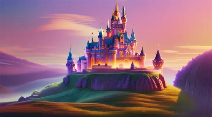 fantasy, disney pixar style, mystical castle, dreamy, mystic lights