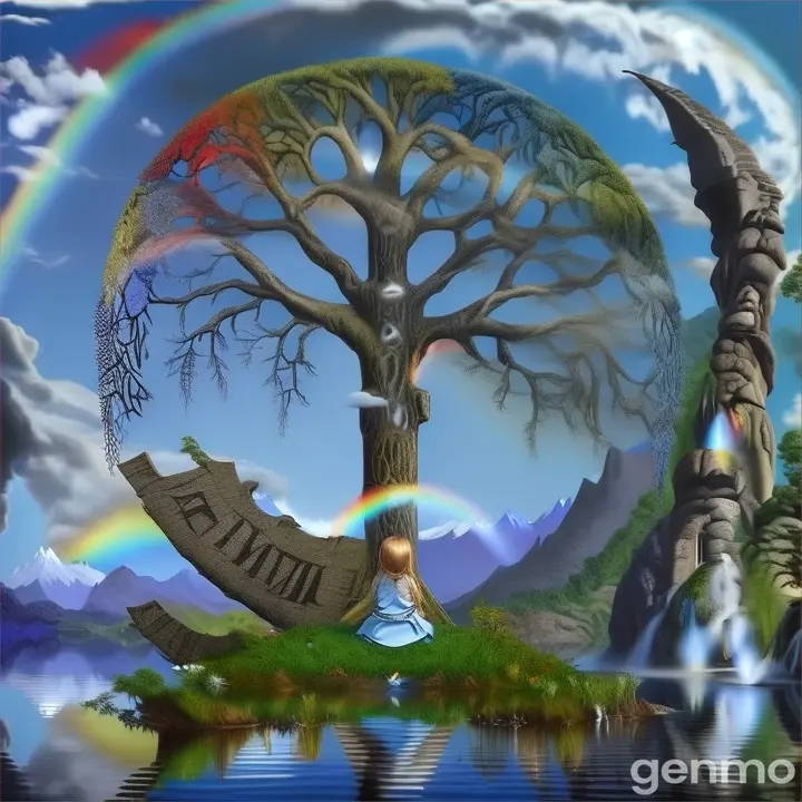 a painting of a tree with a rainbow in the background