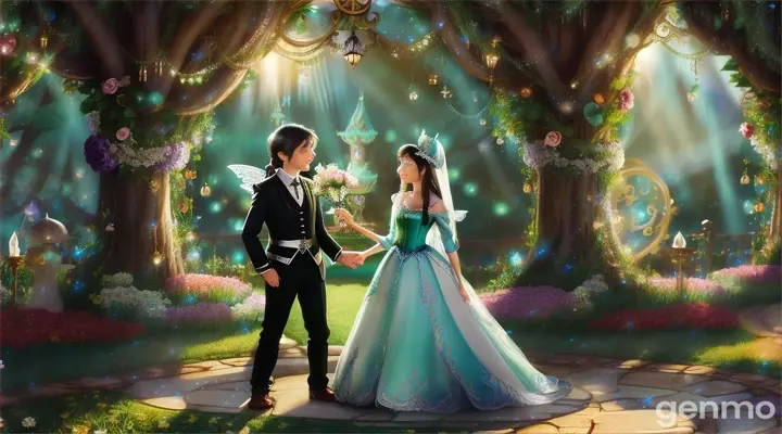 In an enchanted kingdom (pixar style), the wedding banquet of an elf with long silver hair and green eyes and a girl with black hair and brown eyes, dressed in a beautiful blue dress, is a wonderful spectacle. The living room is decorated with bright and magical flowers. It lights up and fills with charming guests: fairies fluttering on their sparkling wings, elegant elves chatting happily, majestic unicorns with shiny manes and forest animals, all radiant with happiness. The girl, with a radiant smile, prepares to throw the bouquet. to the excited guests. In that magical moment, the happiness and magic of the occasion fill the air, creating an unforgettable scene in her fantasy world.