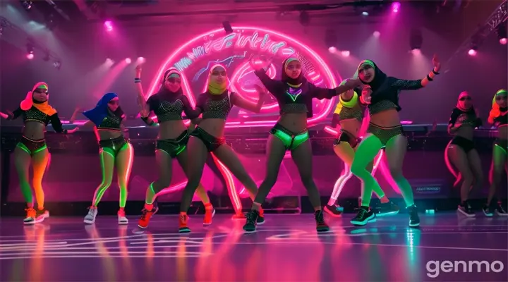 4K, 16:9, Wide shot. Neon lights pulse. Group of hijab-clad girls dance with infectious energy on polished floor, Realistic, captivating a crowd. Arabic upbeat music.