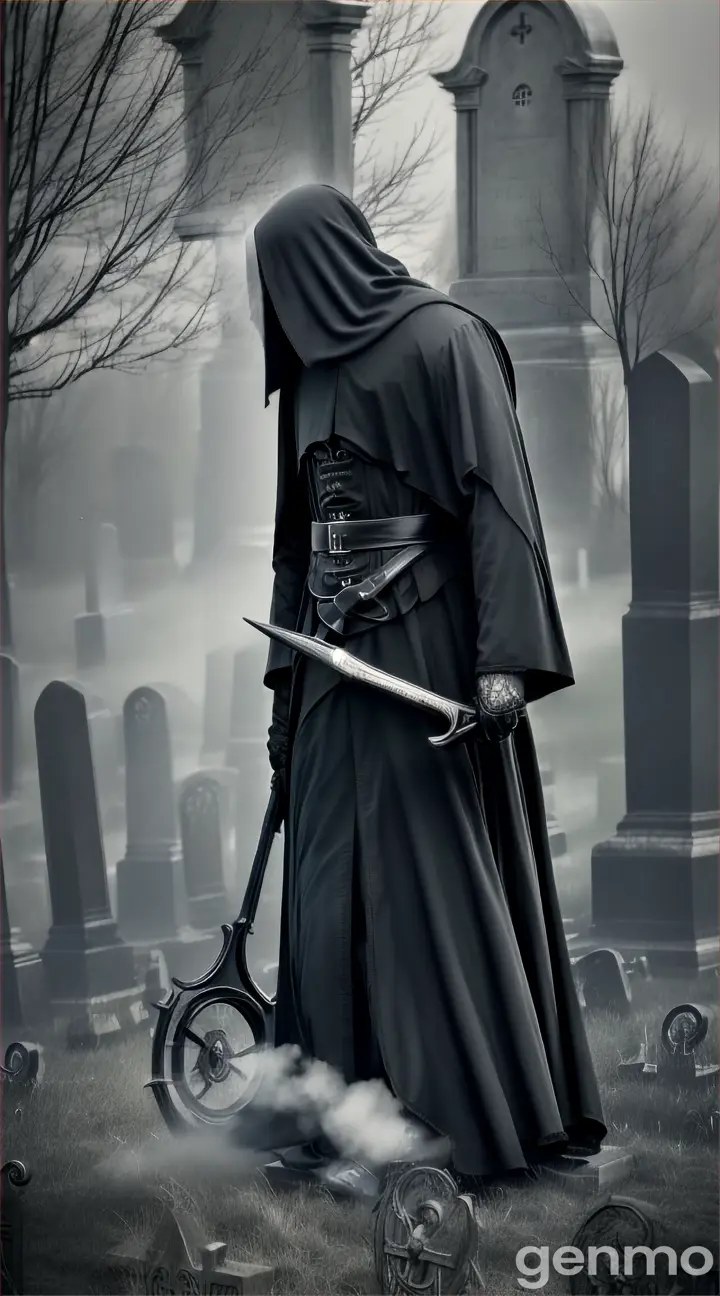 Faceless man in black cassock holding a scythe, looming over a misty cemetery