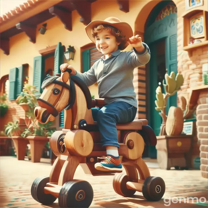 a young boy riding a wooden toy horse