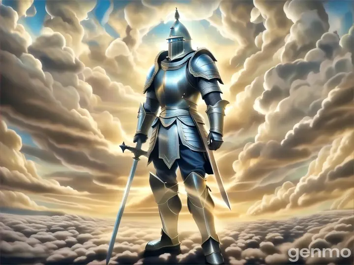 A knight standing in the clouds with a sword, silhouetted against a towering Gothic cathedral