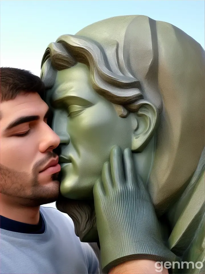 A man kisses a statue next to him