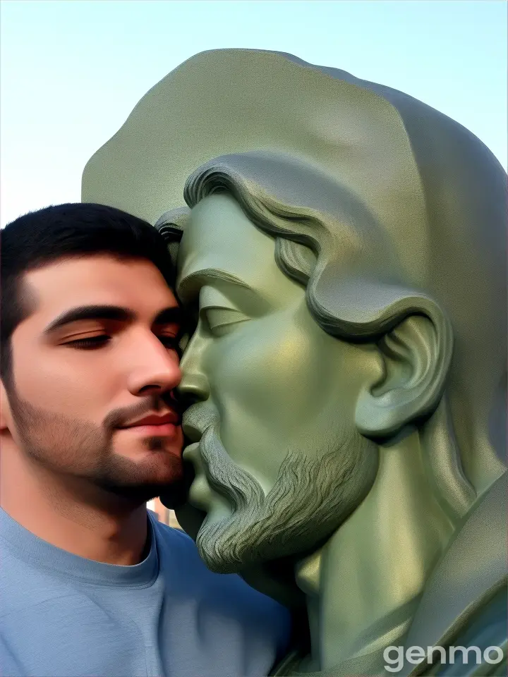 A man kisses a statue next to him