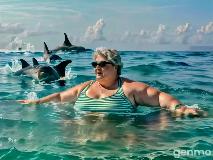 a woman swimming in the ocean with a dolphin in the background