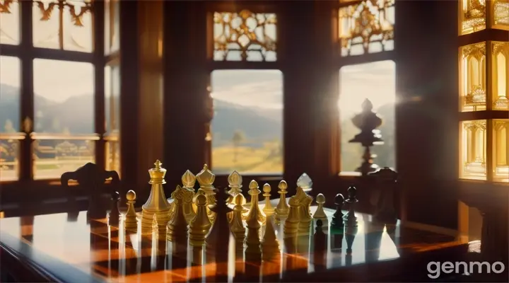 A deep close up of immense clarity of the interior of a grand suite, with the reflection of a sunset casting colors over a wooden chessboard that houses crystal game pieces