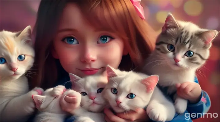 Cartoon very beautiful 20 years old girl cache the hands very beautiful 2 white baby  kittens in room 