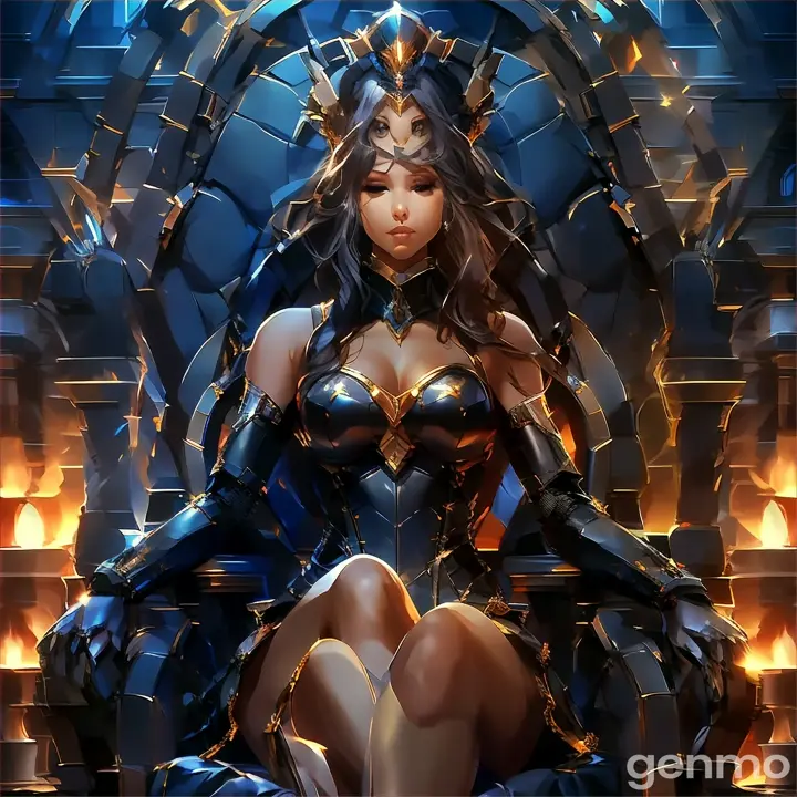a woman sitting on top of a throne in front of a fire