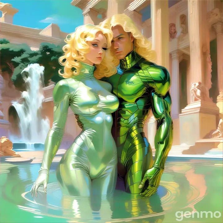 a painting of a man and a woman in a body suit