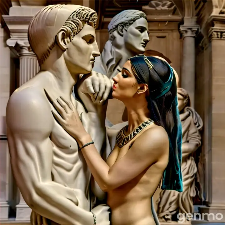 a woman kissing a statue of a man