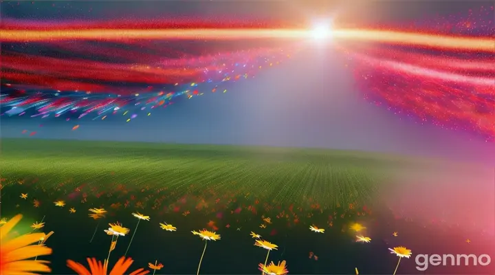 An animation of doctors flying like superheroes, over a field of vibrant multicolored daisies 