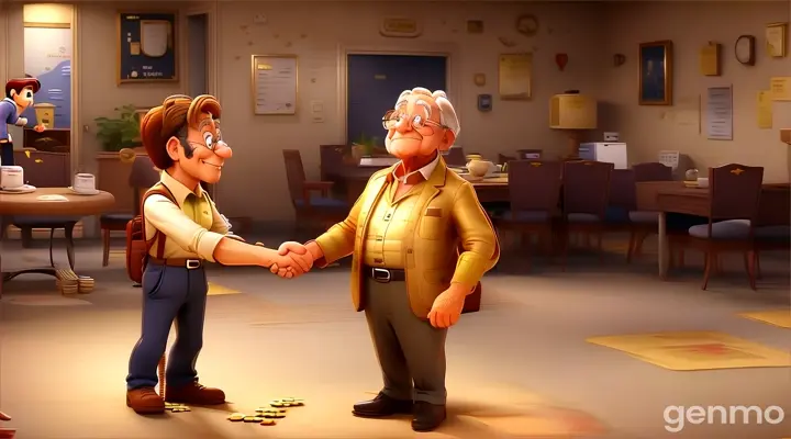 a cartoon character shaking hands with another character