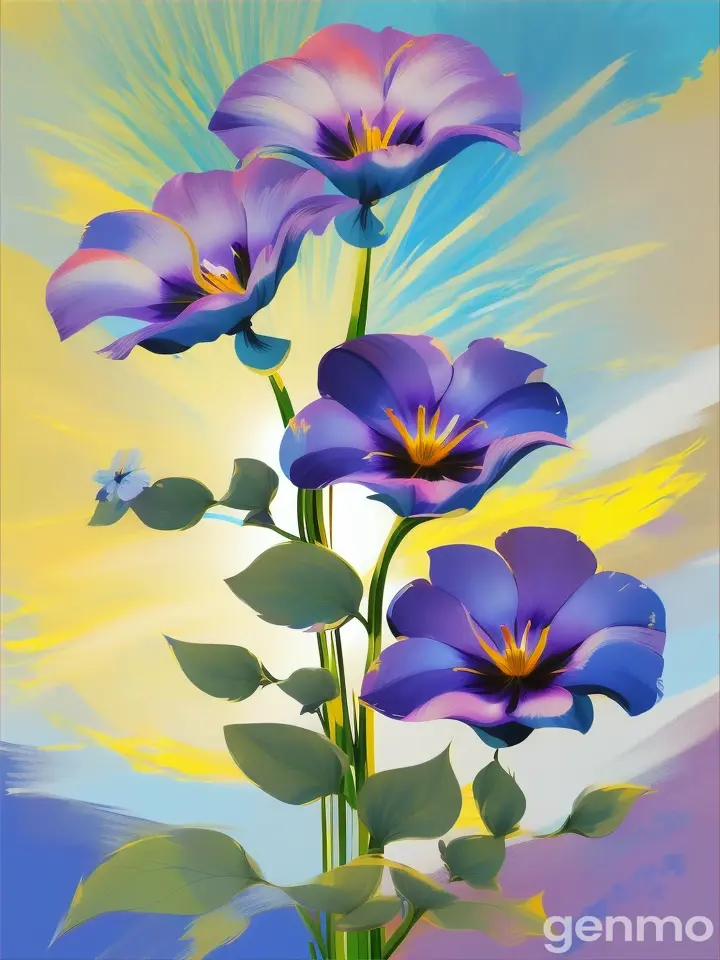 Drawing (brushstrokes with strokes, dashes, blots): sway three stems stylized  morning glory flower against a background of blue sky and stylized sun with rays. On an abstract pop art background with spots and strokes in yellow-blue  and violet shades. Flowers: blue color. 
Рисунок (мазки со штрихами, черточками, кляксами): качаются  три стилизованных стебля ипомея flowers. на фоне голубого неба и стилизованного солнца с лучами. На абстрактном фоне поп-арта с пятнами и штрихами в желто-синих и лиловых оттенках. Цветки: ГОЛУБОЙ цвет.