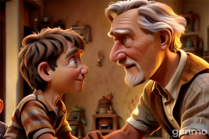 an older man and a young boy looking at each other