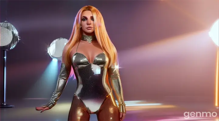 Highly detailed and hyper realistic Britney Spears looking absolutely stunning with impressive waving pastel orange hair that’s waving and blowing gorgeous in the wind and wearing a Detailed and intricate mirrored short bodysuit covered with small diamonds and with a long mirrored open coat, standing on a giant spinning disco mirror ball platform inside a circular-shaped abandoned industrial environment, windmachine effect, cinematic, music-video still, atmospheric white and blue lighting, intricate and detailed, 8k octane render, iconic,