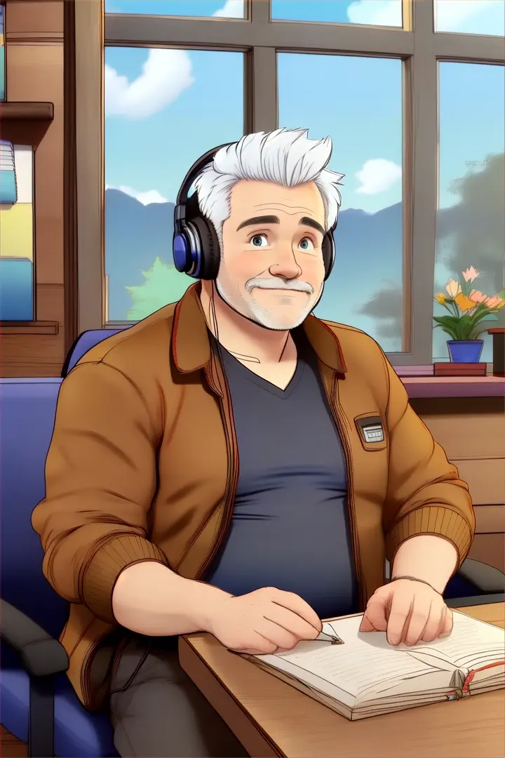 a man sitting at a desk with headphones on talking, in a log cabin