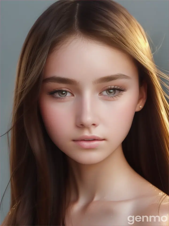 16 years old girl.This image showcases a delicate-featured and distinctly beautiful 16 years old girl. 
Her face shape is an elegant oval, adding a sculptural dimension to her facial contours. Her skin appears smooth and clear. 
The hair is styled in a wet look, casually swept across the forehead to create a relaxed yet avant-garde appearance. 
This hairstyle frames her face and emphasizes her sharp, straight eyebrows, which are neatly groomed, 
enhancing the structure of her face. 
Her eyes are striking, with depth and intensity that may be attributed to makeup or natural pigmentation. 
The nose has a clear outline, 
with a straight bridge and a delicate tip, contributing to the harmonious balance of her features. 
Her lips are full, with a soft, 
natural color that adds a subtle warmth to the overall coolness of the wet hair look. 
These characteristics and styling combine to create a modern and eye-catching look, capturing a raw, 
natural beauty enhanced by minimalist styling. 
The sunlight from behind illuminates her hair strands, creating a warm backlight atmosphere, radiant skin, 
bathed in soft, bright light that filters through the glass adding a serene glow to the scene, 
in the style of vray tracing, marcin sobas, photo-realistic techniques, backlight, serge marshennikov, 
realistic figures, sandro botticelli, 
close up, The color of Fuji film cameras --ar 95:128 --stylize 750 --v 6