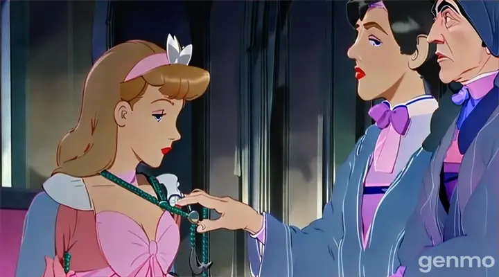 a woman in a pink dress talking to a man in a blue suit