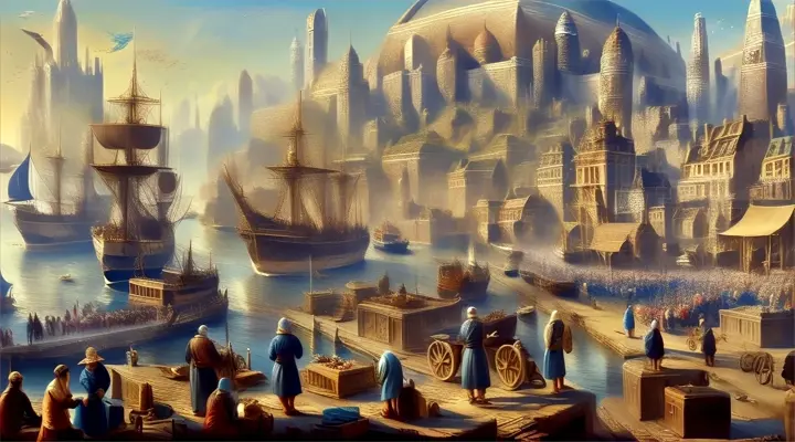 a painting of a harbor with ships and people