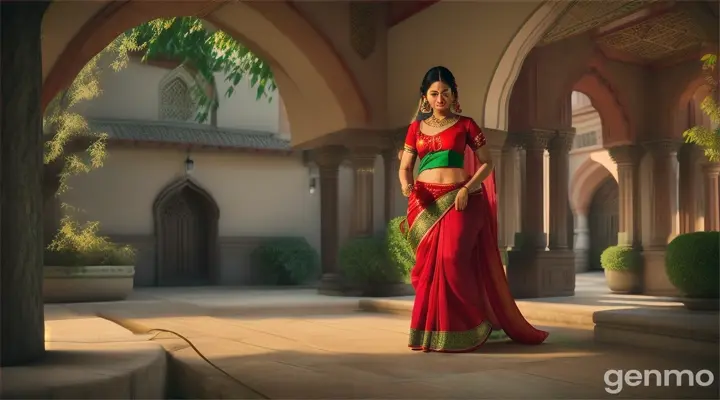 below the  tree in courtyard,    one 42-year-old woman. traditional attire, a red saree, a green blouse .   falling to her knees,  she begins to cry bitterly.  This scene is rendered in vibrant 3D, with rich, saturated colors and detailed textures that bring the environment to life