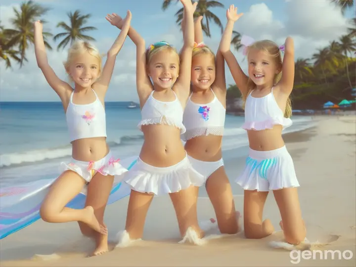 Three young girl, little girl, age 7 years old, 7 yo, blonde, bare feet, crouching, white bodystockings, laughing, splits stand up, arms up, beach wear, beach, dancing, close up tanned belly, dance