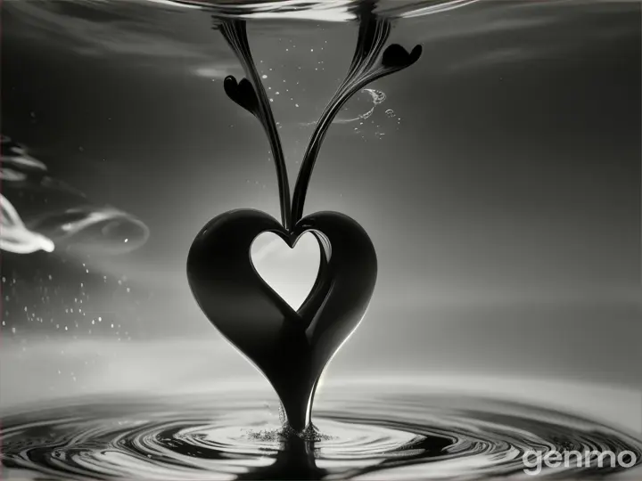 A heart-shaped object suspended underwater in black ink