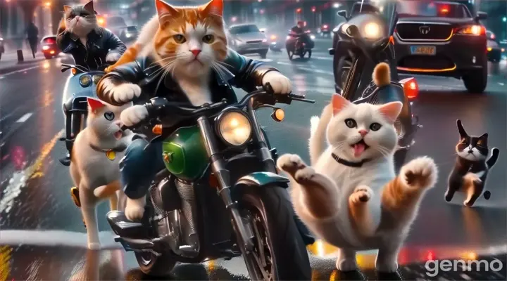 a cat riding on the back of a motorcycle next to a white cat