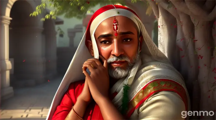 below the tree in courtyard, one 42-year-old woman. traditional attire, a red saree, a green blouse . falling to her knees, her hands covering her face as she begins to cry bitterly start talking to a 45-year-old fair-skinned Brahmin priest with a white beard, wearing a traditional white dhoti and a red scarf on his shoulders. His face shows religious expressions and calmness. arriving from a distance.This scene is rendered in vibrant 3D, with rich, saturated colors and detailed textures that bring the environment to life