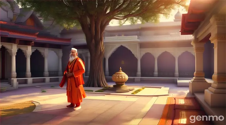 below the tree in courtyard, a 45-year-old fair-skinned Brahmin priest reached has a white beard, wearing a traditional white dhoti and a red scarf on his shoulders. His face shows religious expressions and calmness..This scene is rendered in vibrant 3D, with rich, saturated colors and detailed textures that bring the environment to life