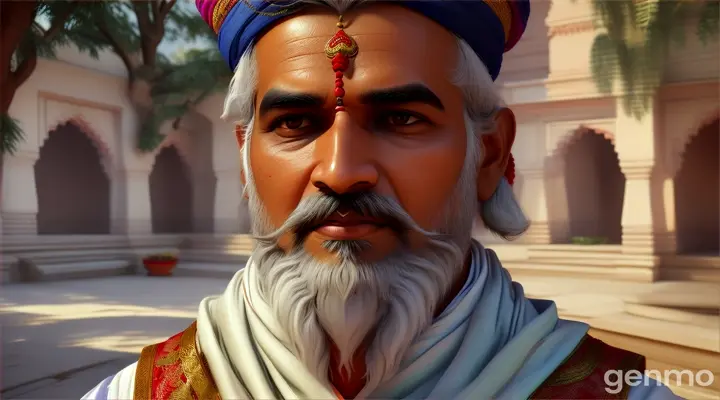 close shot below the tree in courtyard, a 45-year-old fair-skinned Brahmin priest reached has a white beard, wearing a traditional white dhoti and a red scarf on his shoulders. His face shows religious expressions and calmness..This scene is rendered in vibrant 3D, with rich, saturated colors and detailed textures that bring the environment to life