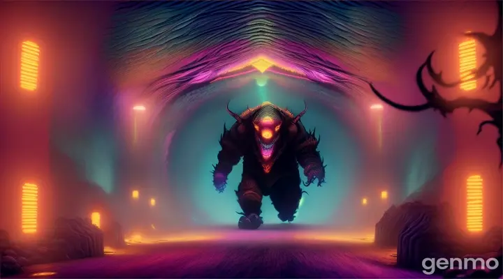 Many monsters running towards you through a psychedelic tunnel