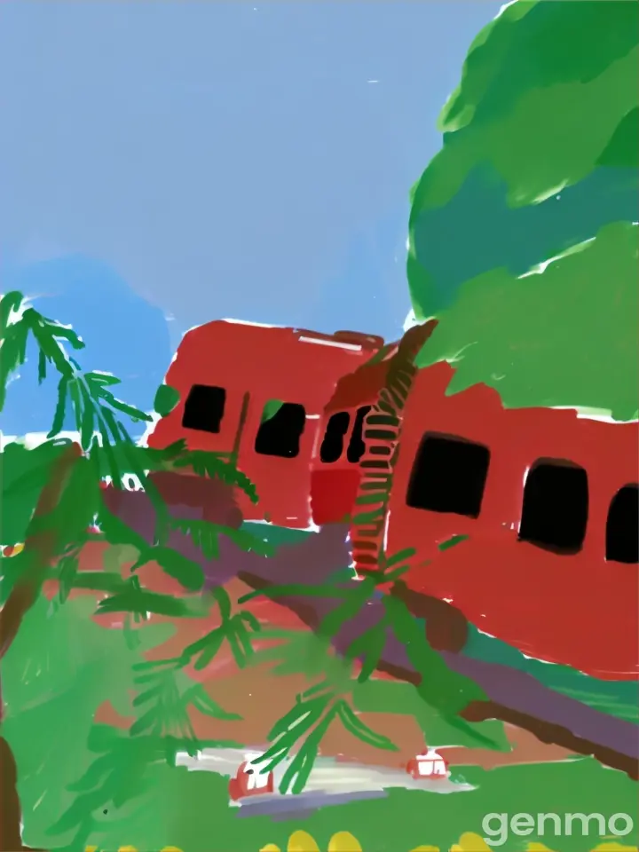 a red train traveling down train tracks next to a forest