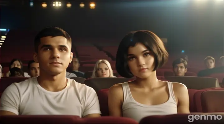 inside a movie theater, a young man with buzz cut black hair cut in white t-shirt and a young woman with Black Bob Cut Hair in white Backless Maxi Tank Dress sitting at the front seat in front of crowd of people with popcorn watching movie