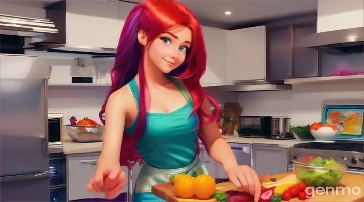 Cartoon very beautiful 20 years old girl sarching in kitchen 