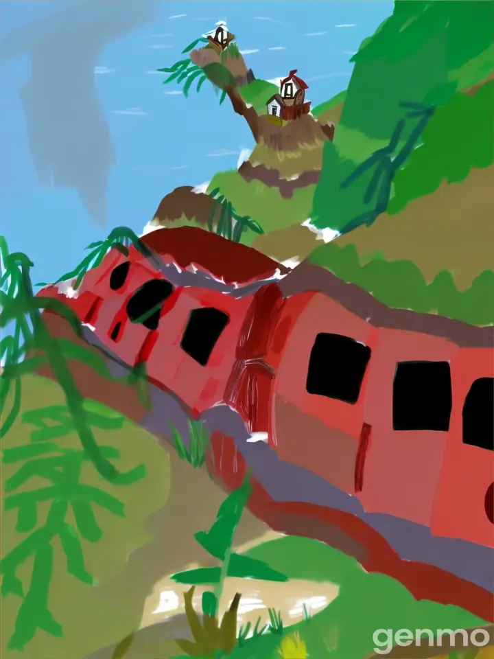 A red train curves through a fantastical landscape of towering, candy-colored trees with magical creatures