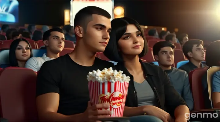 inside a movie theater, a young man with buzz cut black hair cut and a young woman with Black Bob Cut Hair sitting at the front seat in front of crowd of people with popcorn watching movie