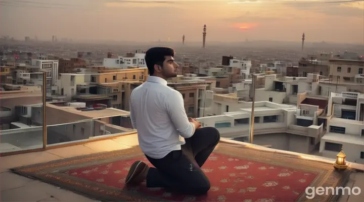 Wide shot 4K. The bustling heart of Lahore throbs with life. Amidst the throngs of people and the cacophony of honking horns, a lone figure stands out. A 23-year-old Pakistani boy, dressed casually in jeans and a kurta, finds a quiet corner on a rooftop overlooking the city. He spreads his prayer rug and kneels, his eyes closed in concentration as he seeks refuge in his faith amidst the urban chaos.