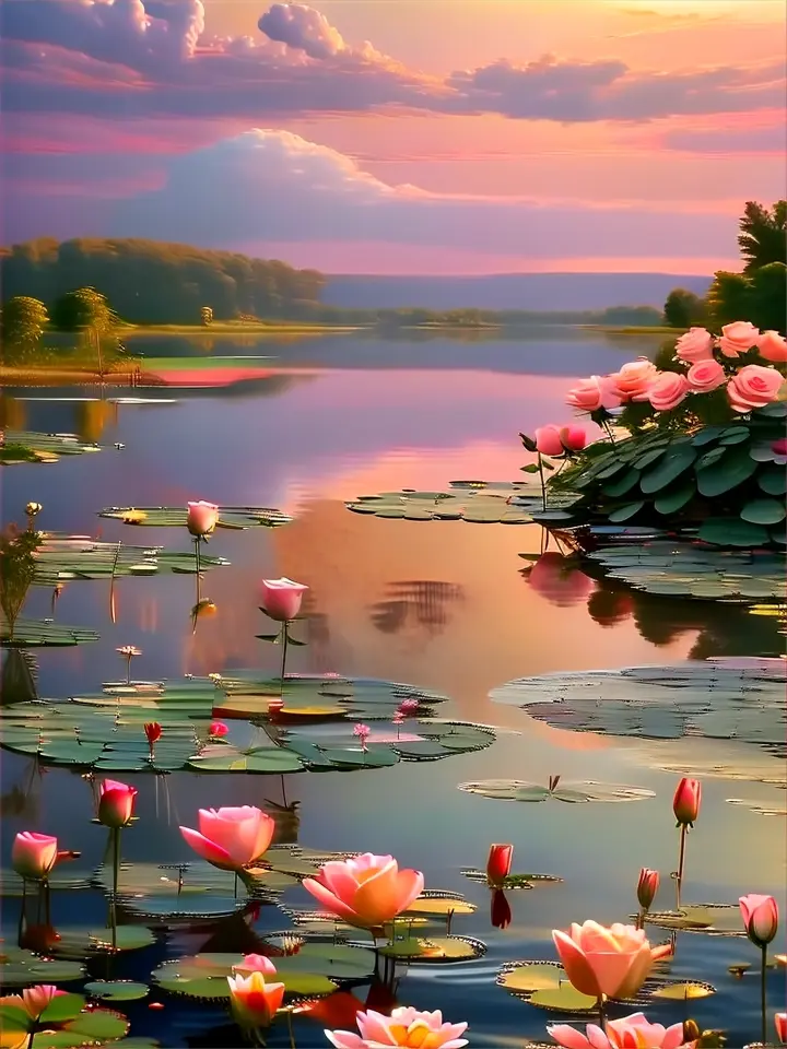 a painting of pink roses and lily pads in a pond
