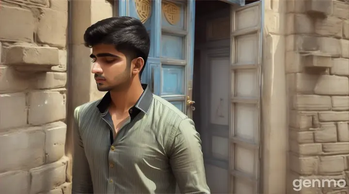 Walking Shot (4K): A young Pakistani man (23, jeans & kurta) navigates a maze of narrow alleyways, the air thick with activity. He spots a quiet alcove tucked away behind a weathered door and walks towards it. He kneels on a prayer rug tucked discreetly in the corner, seeking a moment of solace amidst the unseen city.