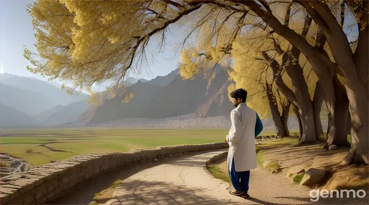 Walking Shot (4K): The majesty of the Hunza Valley unfolds. A young Pakistani man (23) in traditional attire walks along a path lined with ancient apricot orchards. Tourists peek out from behind laden branches, captivated by the scenery. Reaching a secluded spot with a breathtaking panoramic view, he unfurls his prayer rug and kneels. The camera lingers on his focused expression as he bows his head in reverence