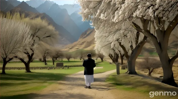 Walking Shot (4K): The majesty of the Hunza Valley unfolds. A young Pakistani man (23) in traditional attire walks along a path lined with ancient apricot orchards. Tourists peek out from behind laden branches, captivated by the scenery. Reaching a secluded spot with a breathtaking panoramic view, he unfurls his prayer rug and kneels. The camera lingers on his focused expression as he bows his head in reverence
