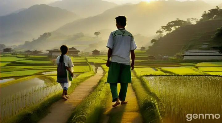 Walking Shot (4K): Lush green rice paddies bathed in the golden light of dawn create a picturesque scene. A young Pakistani farmer (23) walks barefoot along a narrow path, greeting fellow farmers tending to their fields. Reaching a small, rustic shrine nestled amidst the paddies, adorned with colorful prayer flags fluttering in the breeze, he kneels on a simple rug. Local women in vibrant clothing pass by, offering respectful nods.