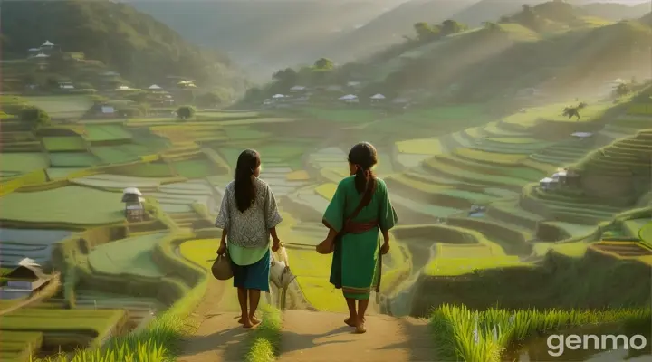 Walking Shot (4K): Lush green rice paddies bathed in the golden light of dawn create a picturesque scene. A young Pakistani farmer (23) walks barefoot along a narrow path, greeting fellow farmers tending to their fields. Reaching a small, rustic shrine nestled amidst the paddies, adorned with colorful prayer flags fluttering in the breeze, he kneels on a simple rug. Local women in vibrant clothing pass by, offering respectful nods.