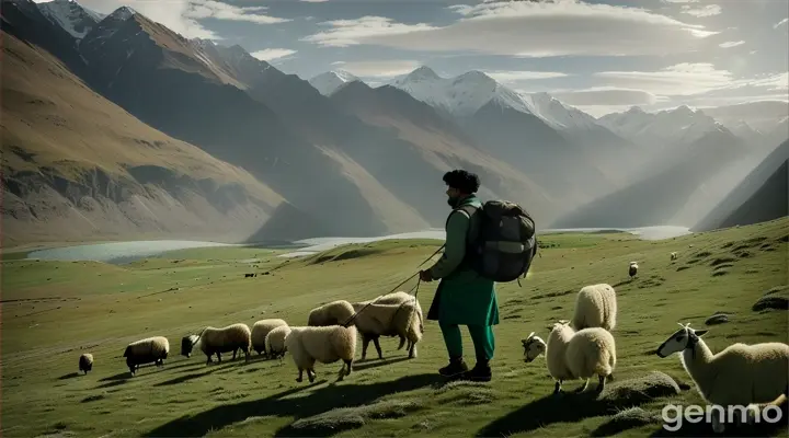 Walking Shot (4K): The rugged beauty of the Shandur Pass unfolds in all its glory. Lush green meadows dotted with a few nomadic yurts slope down towards a shimmering glacial lake. A young Pakistani shepherd (23) walks amidst his flock of sheep, their gentle bleating echoing in the crisp mountain air. Reaching a high point with breathtaking views, he kneels on a patch of wildflowers. A group of trekkers, awestruck by the scenery, pause to observe him from a distance.