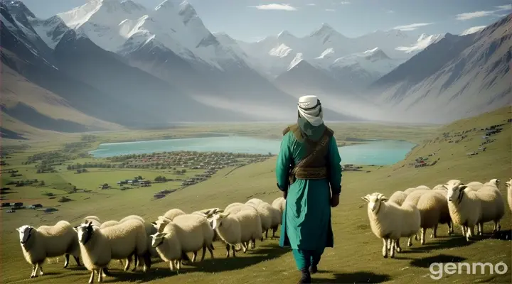 Walking Shot (4K): The rugged beauty of the Shandur Pass unfolds in all its glory. Lush green meadows dotted with a few nomadic yurts slope down towards a shimmering glacial lake. A young Pakistani shepherd (23) walks amidst his flock of sheep, their gentle bleating echoing in the crisp mountain air. Reaching a high point with breathtaking views, he kneels on a patch of wildflowers. A group of trekkers, awestruck by the scenery, pause to observe him from a distance.